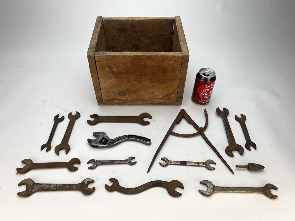 Vintage Calipers and Wrenches in Wooden Box