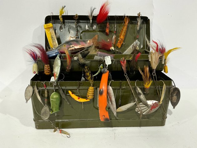Image for Vintage Metal Tackle Box With Lures
