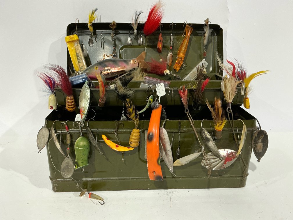 Vintage Metal Tackle Box With Lures