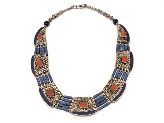 Image for Vintage Sterling Silver Tibetan Lapis and Red Coral Necklace