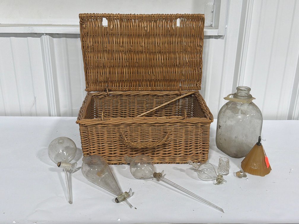 Wicker Basket With Vintage Glassware
