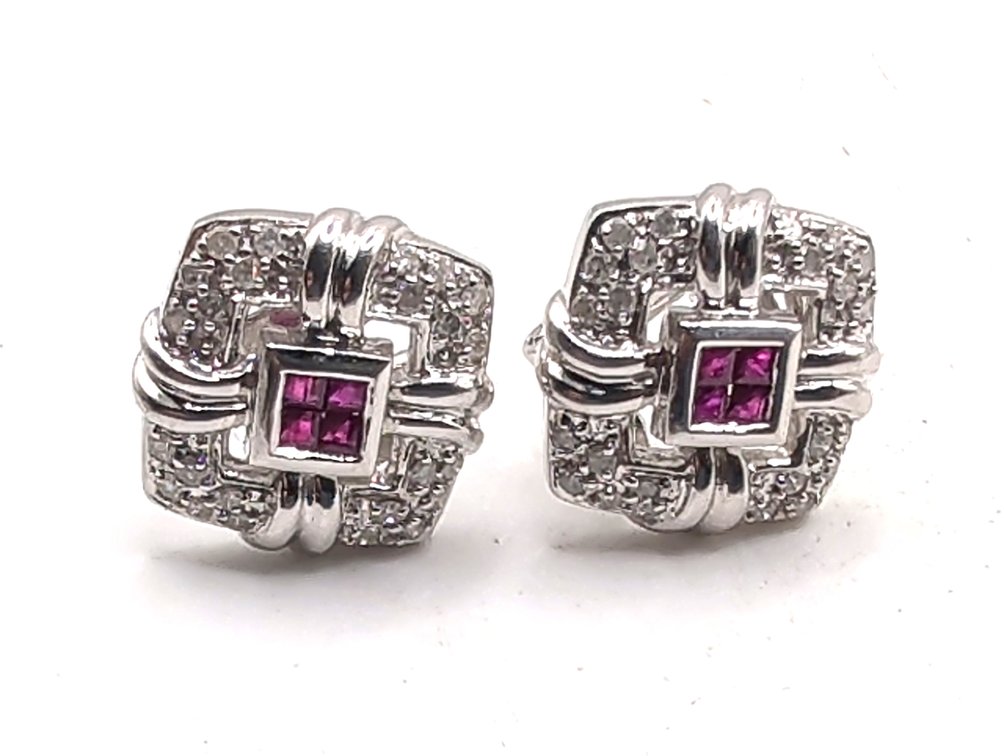 14K White Gold Ruby/Diamond Earrings