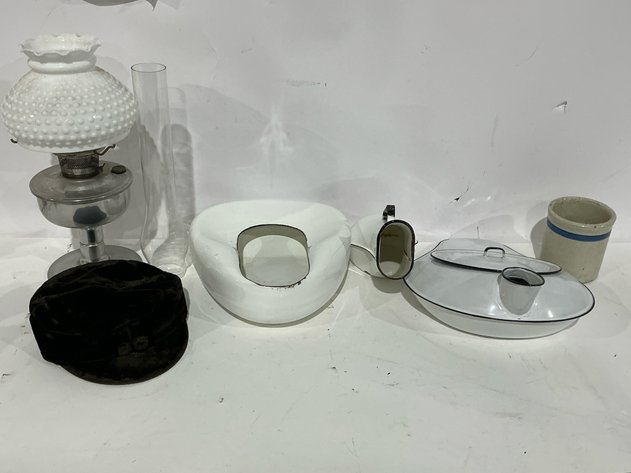 Image for Oil Lamp, Enamelware, Cap And Crock Lot