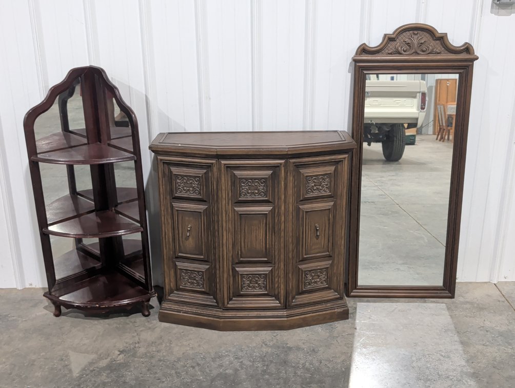 Credenza, Wall Mirror And Corner Shelf
