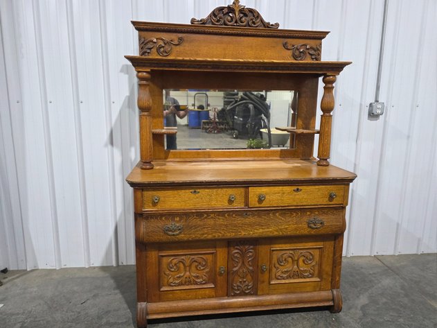 Image for Carved Oak Sideboard With Mirrored Hutch