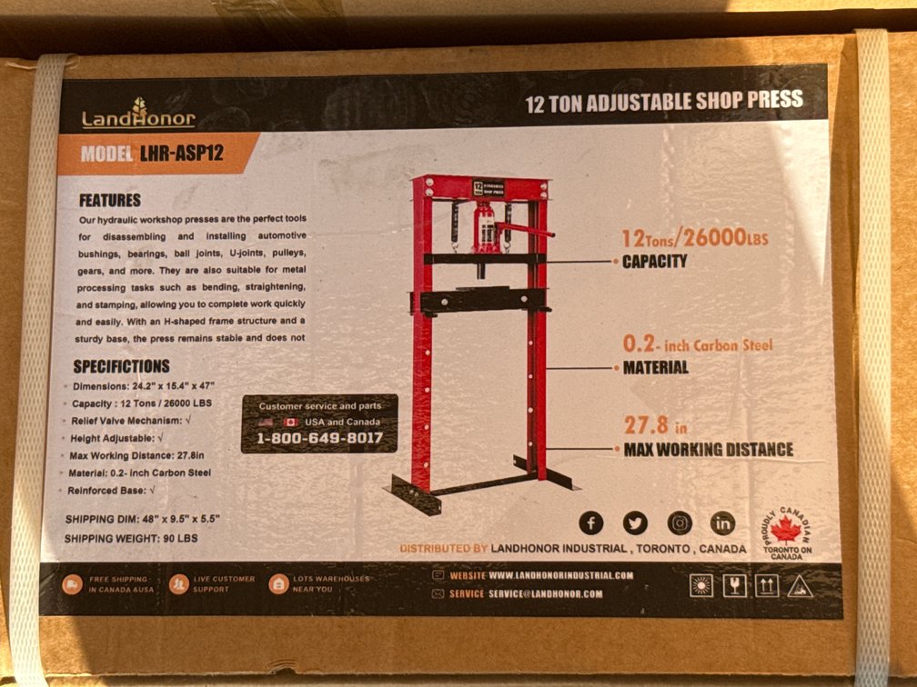 LandHonor 12Ton Adjustable Shop Press