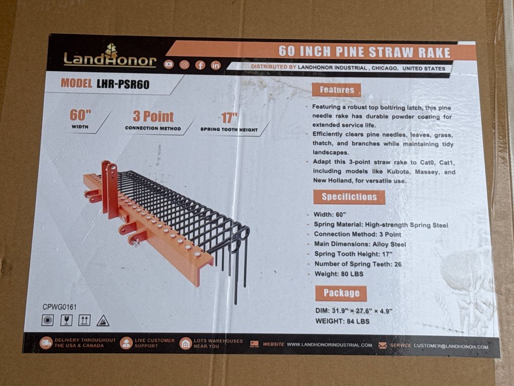 LandHonor 3pt 60” Pine Straw Rake