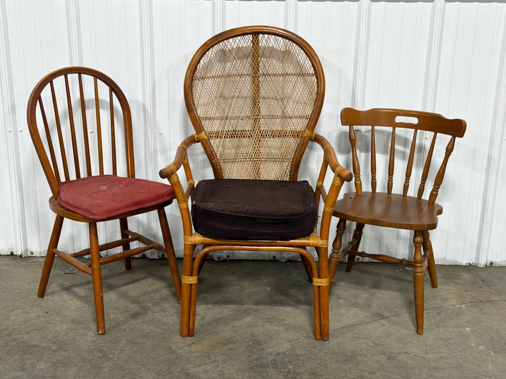 Rattan Armchair And Two Wooden Chairs
