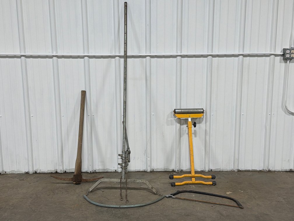 Roller Stand, Jack, Pickaxe And Bow Saw