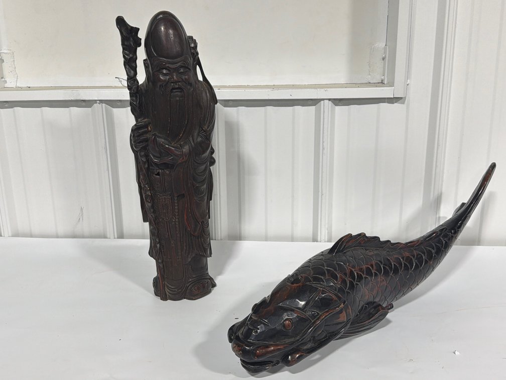 Carved Wood Shou Lao And Fish Sculptures