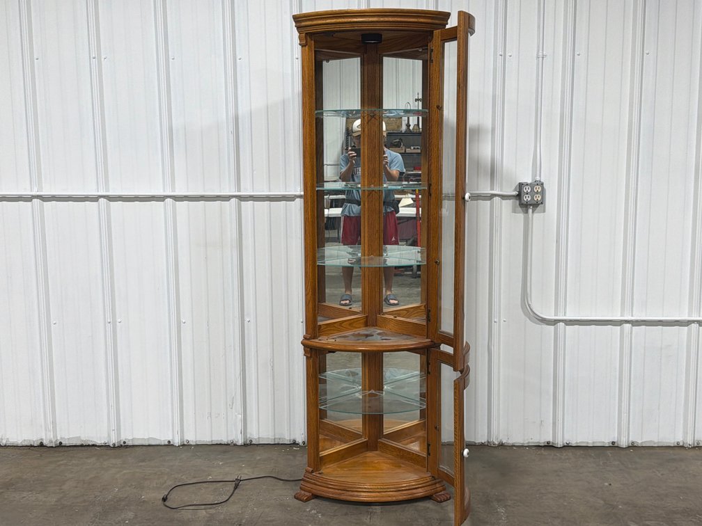 Oak Curved Glass Corner Curio Cabinet