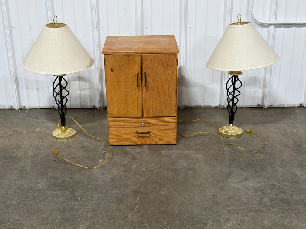 Wood Cabinet And Pair Of Table Lamps