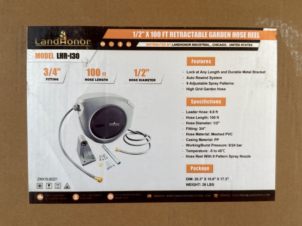 LandHonor 1/2” 100’ Retractable Garden Hose Reel