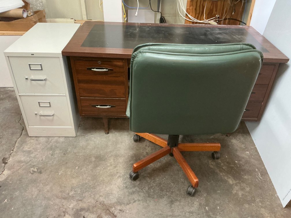 Office Desk, Swivel Chair, And File Cabinet