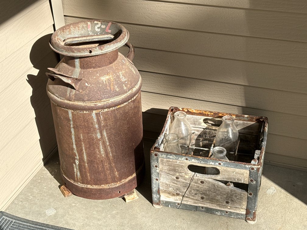 Metal Milk Can With Wood Crate And Bottles