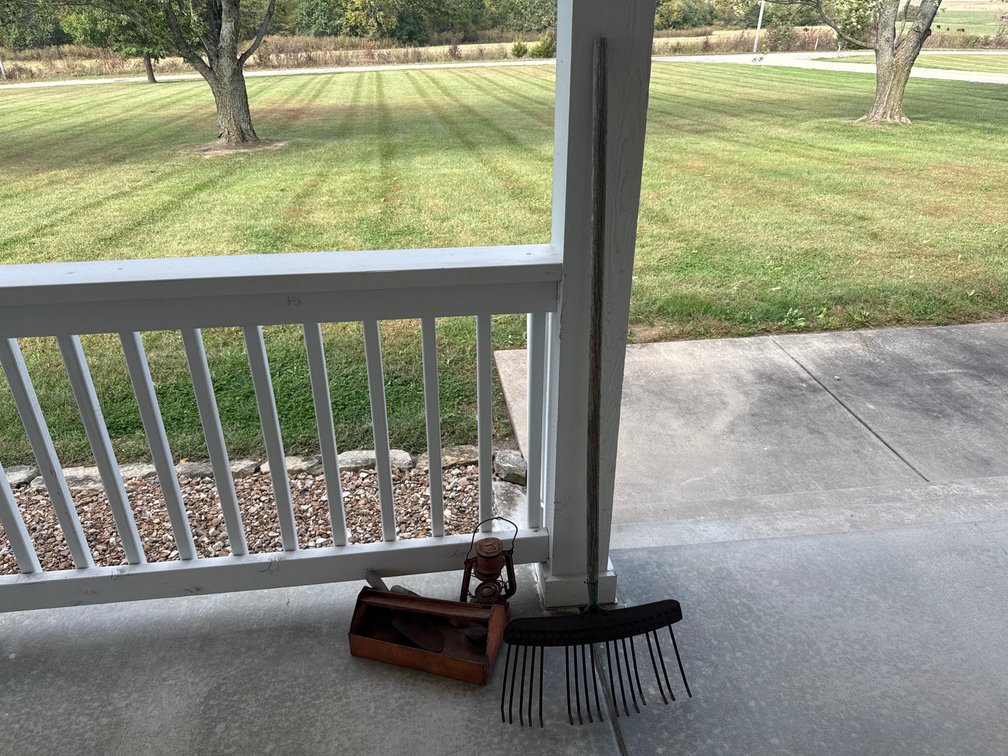 Rake, Tool Caddy, Lantern And Hand Tools