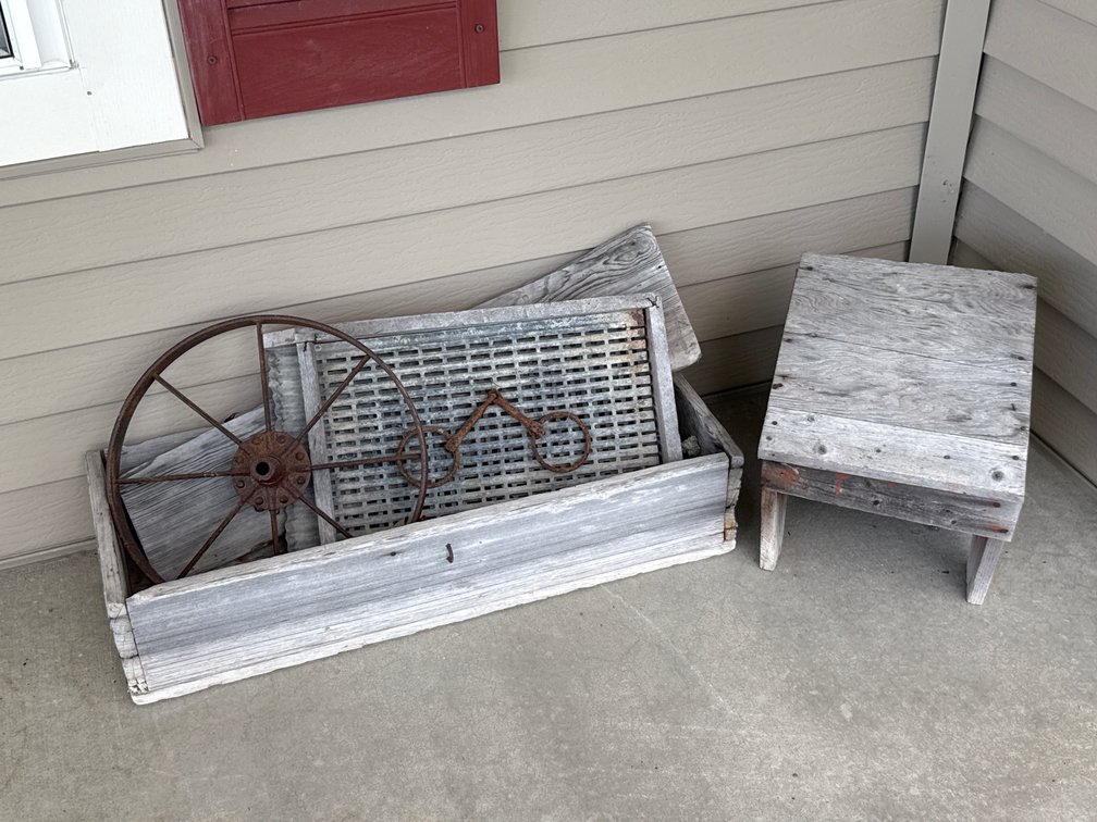 Wooden Crate, Stool, Wheel And Hardware