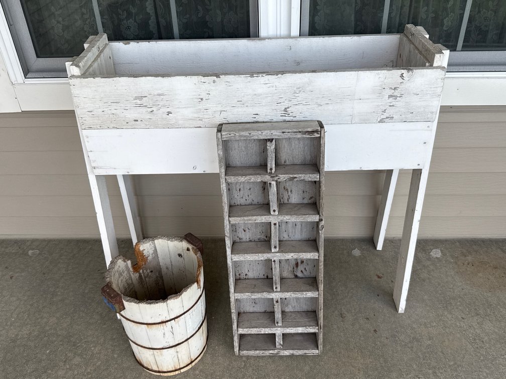 Wooden Planter, Cubby Shelf, And Bucket