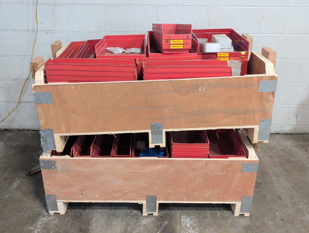 Plastic Parts Bins In Wooden Crates