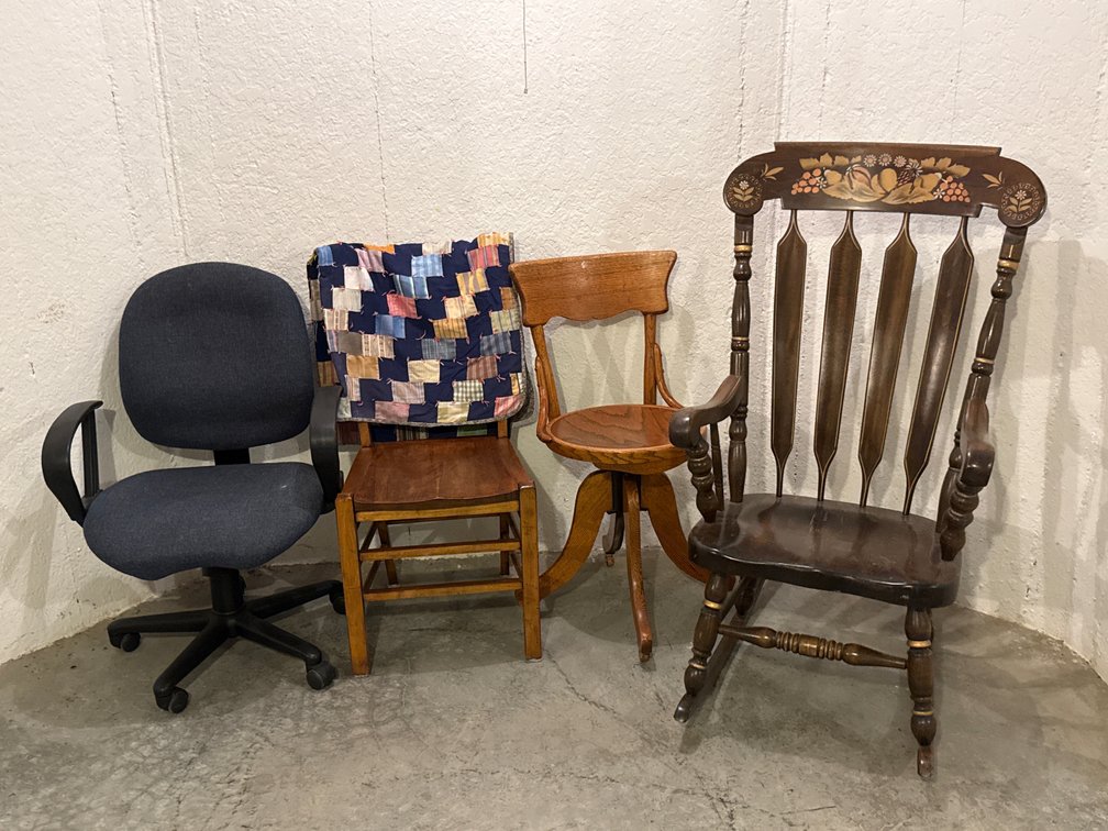 Wooden Chairs, Office Chair And Quilt