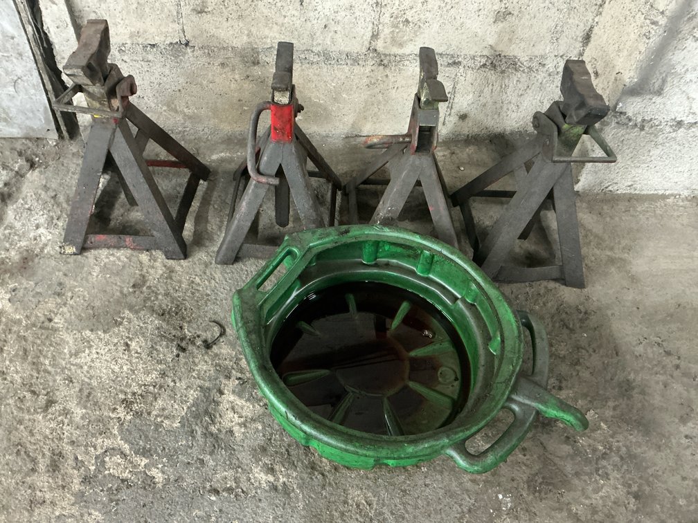 Four Jack Stands And Oil Drain Pan