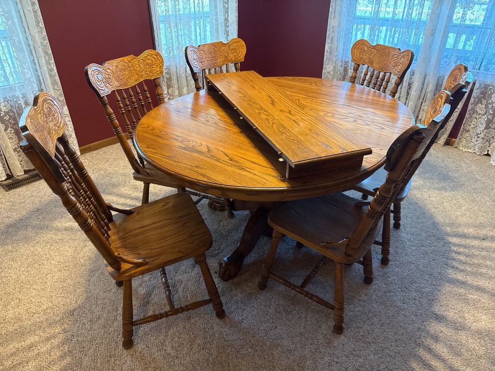 Oak Pedestal Dining Table And Six Chairs