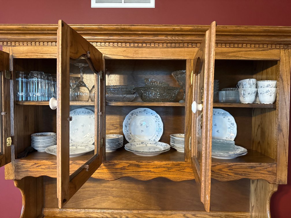 Oak Hutch Top With China And Glassware