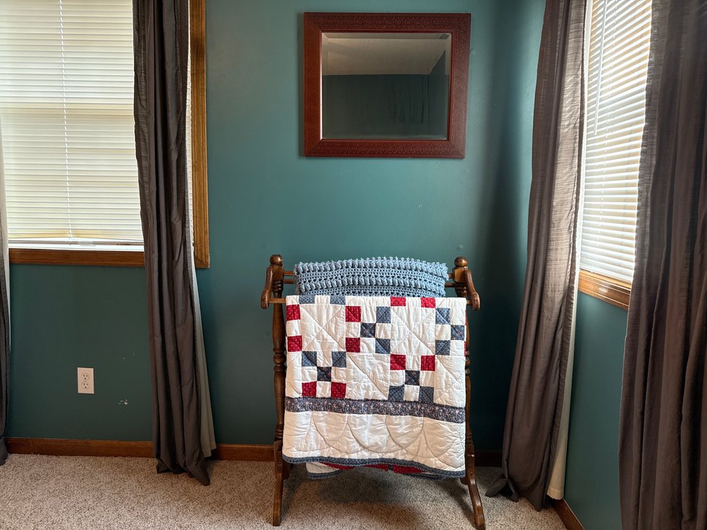 Wood Quilt Rack, Textiles And Wall Mirror