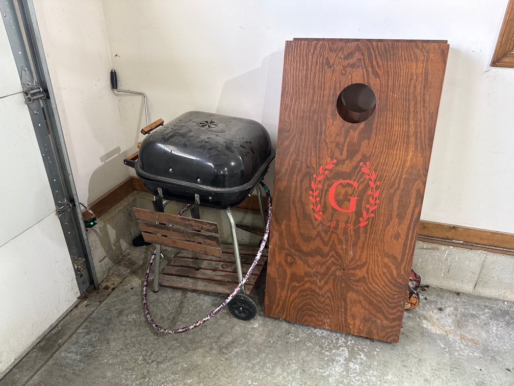 Charcoal Grill Cart And Cornhole Boards