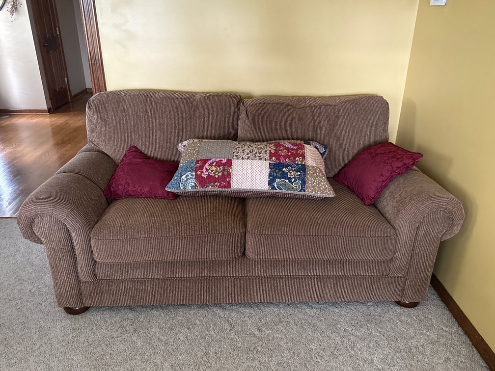 Brown Corduroy Loveseat With Pillows