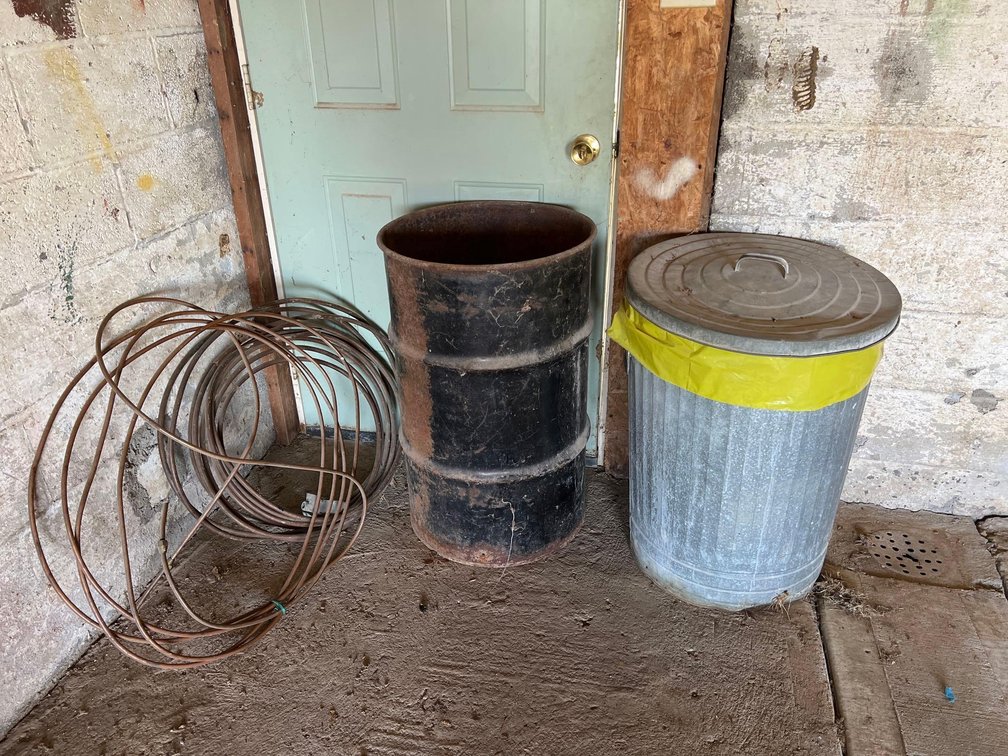 Barrel And Aluminum Trash Can With Extras