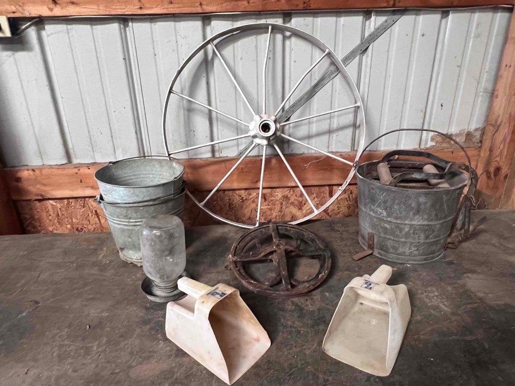 Small Wagon Wheel And Vintage Victor Mop Wringer 