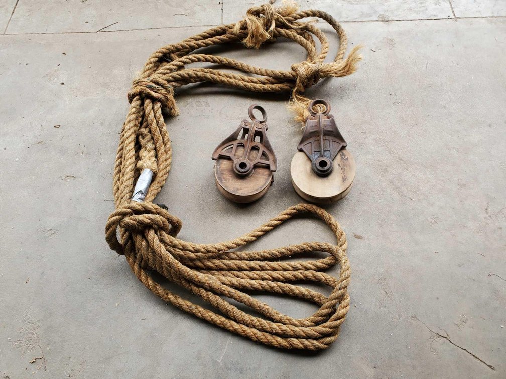 Pair Wooden Pulleys With Heavy Rope