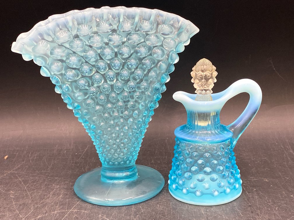 Fenton Blue Opalescent Hobnail Glass Lot of 2