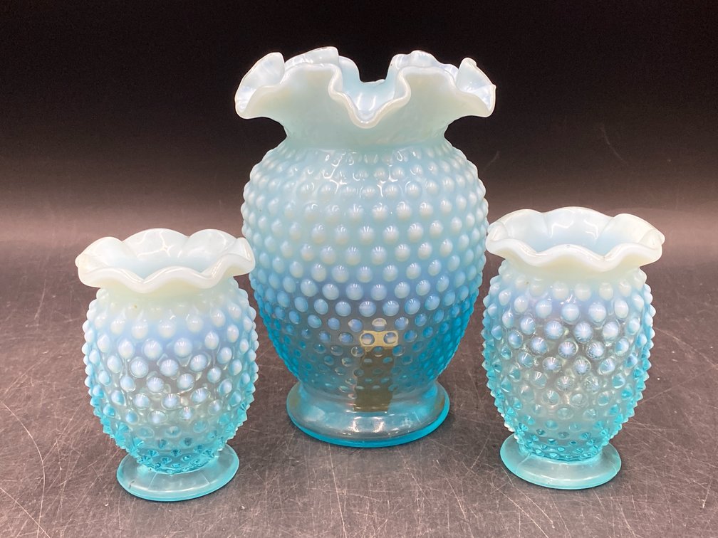 Fenton Blue Opalescent Hobnail Glass Vases