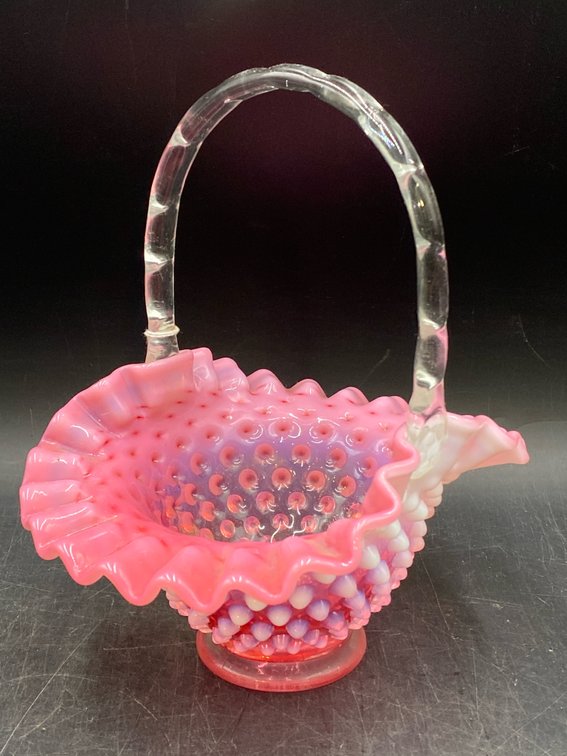 Fenton Cranberry Opalescent Hobnail Glass Basket