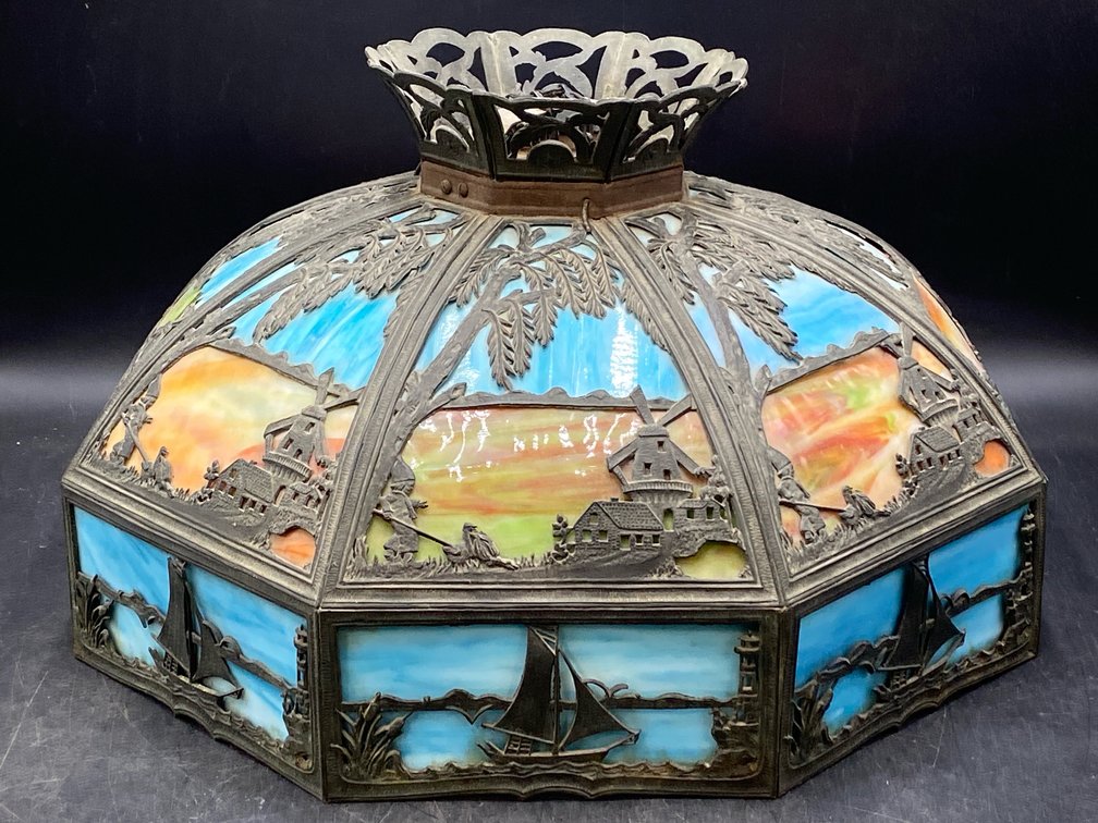 Vintage Scenic Slag Glass Hanging Light