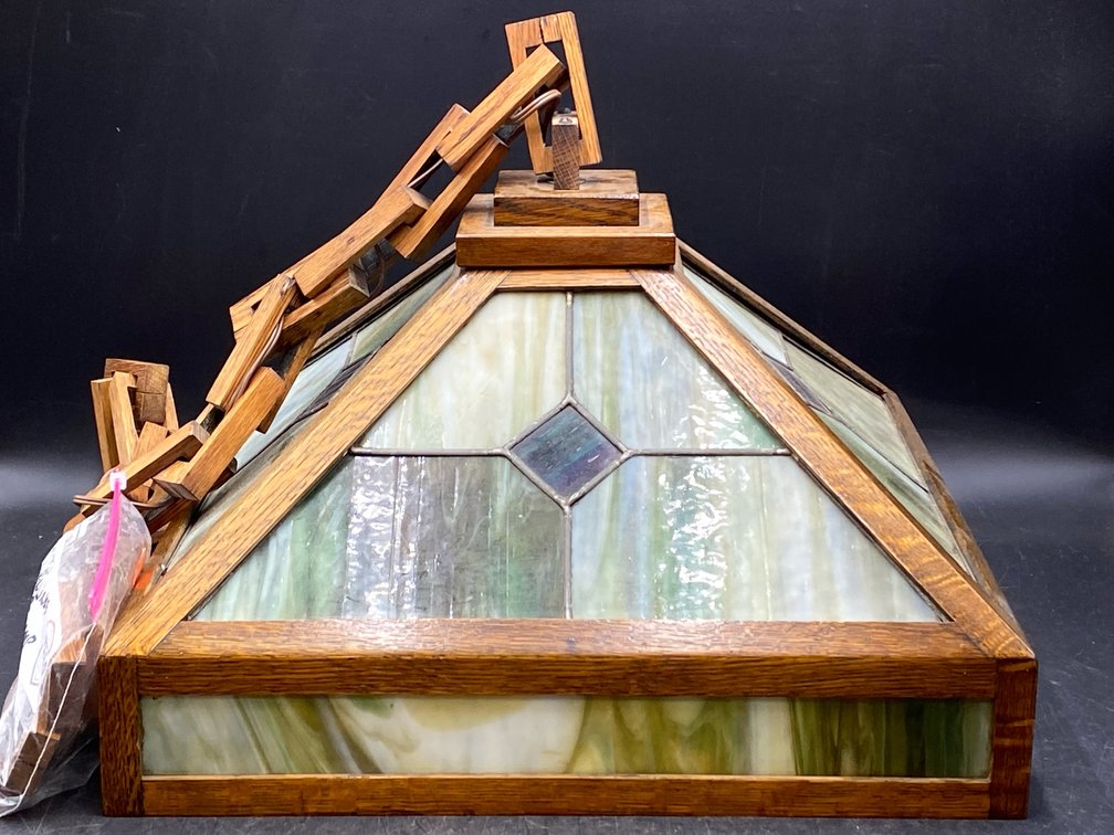 Arts & Crafts Mission Oak & Slag Glass Hanging Light