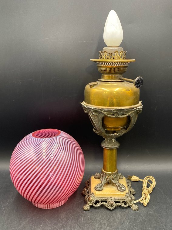 Cranberry Swirl Bronze Converted Oil Lamp