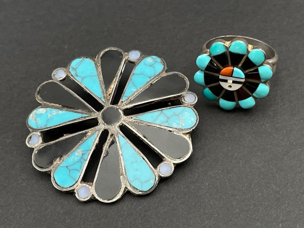 Turquoise & Jett Silver Jewelry Lot of 2