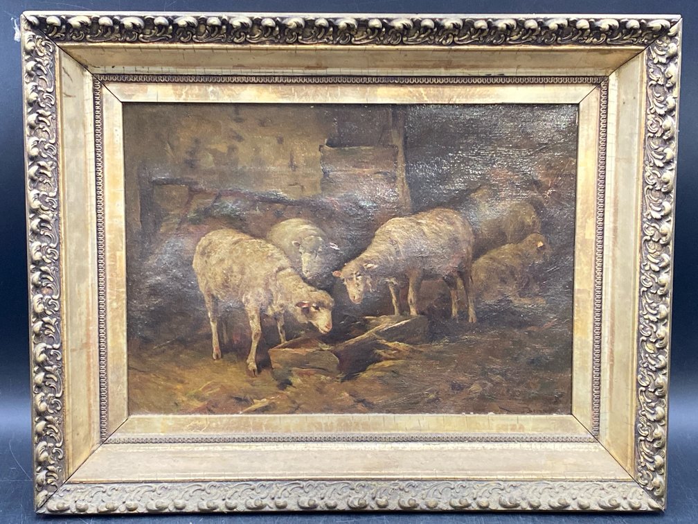 Framed Pastoral Sheep Flock Oil Painting
