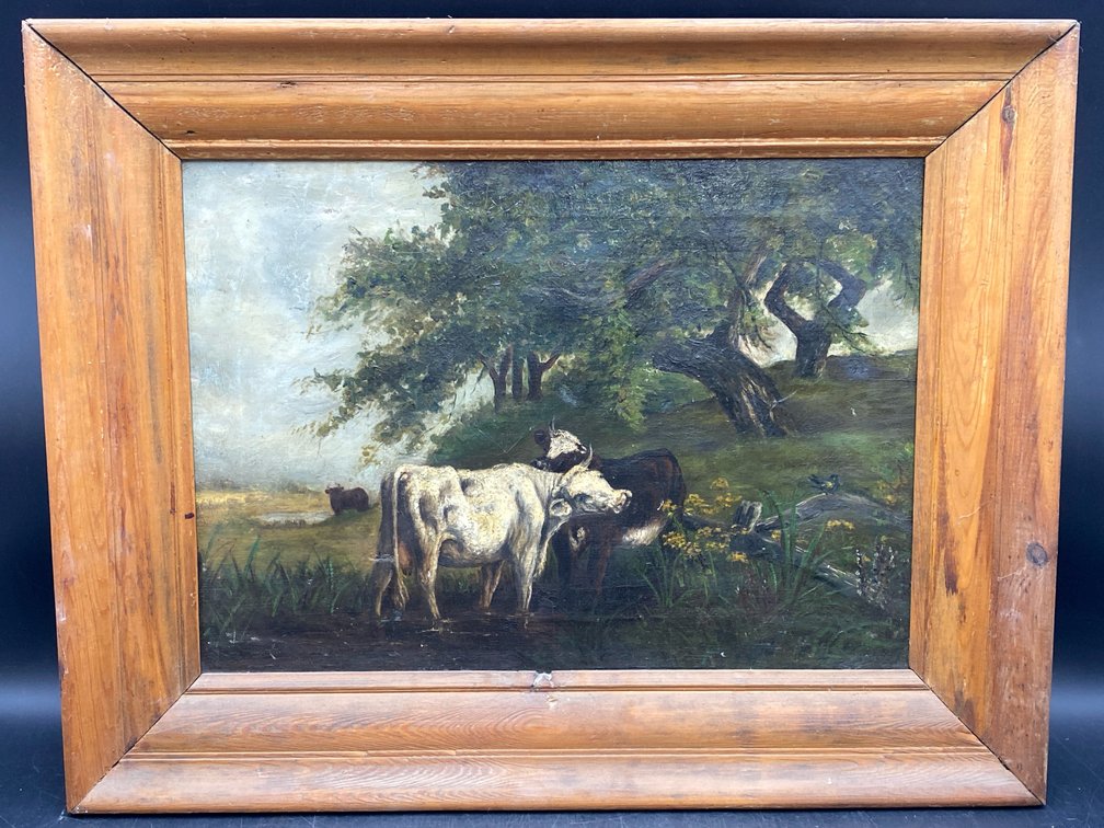 Pastoral Cattle Framed Oil on Canvas