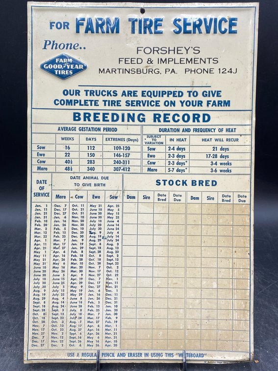 Vintage Goodyear Farm Tire Service Breeding Record Tin Sign