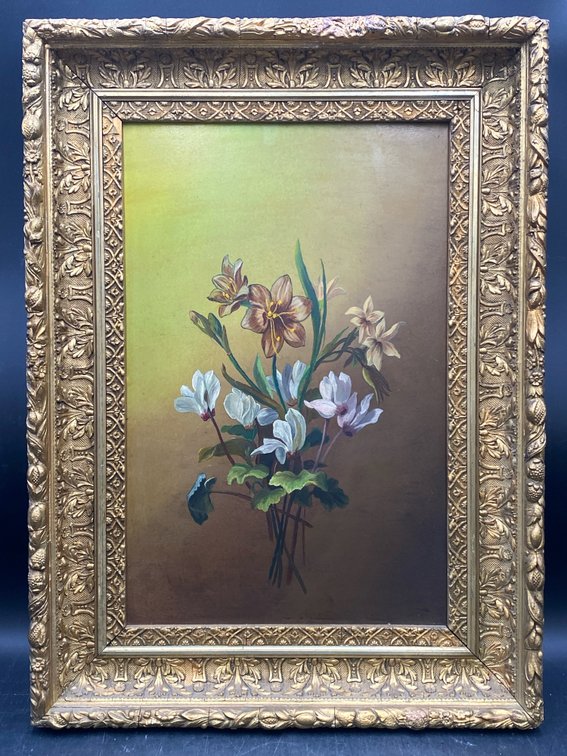 Ornately Gilded Framed Botanical Oil Painting