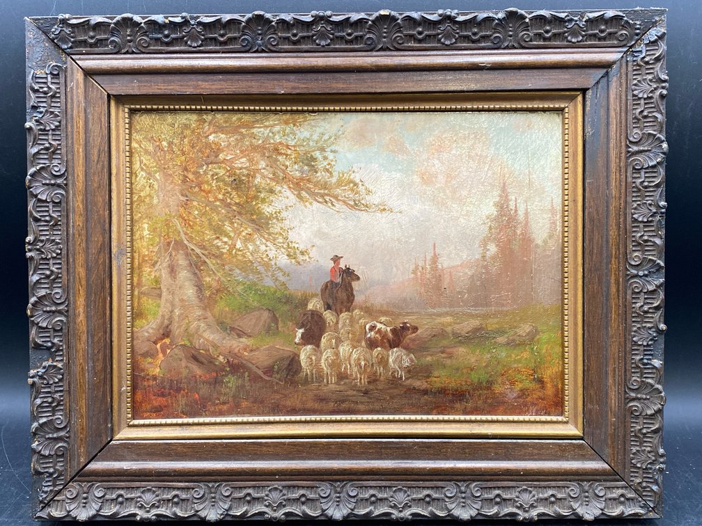 Framed Pastoral Herdsman Landscape Painting