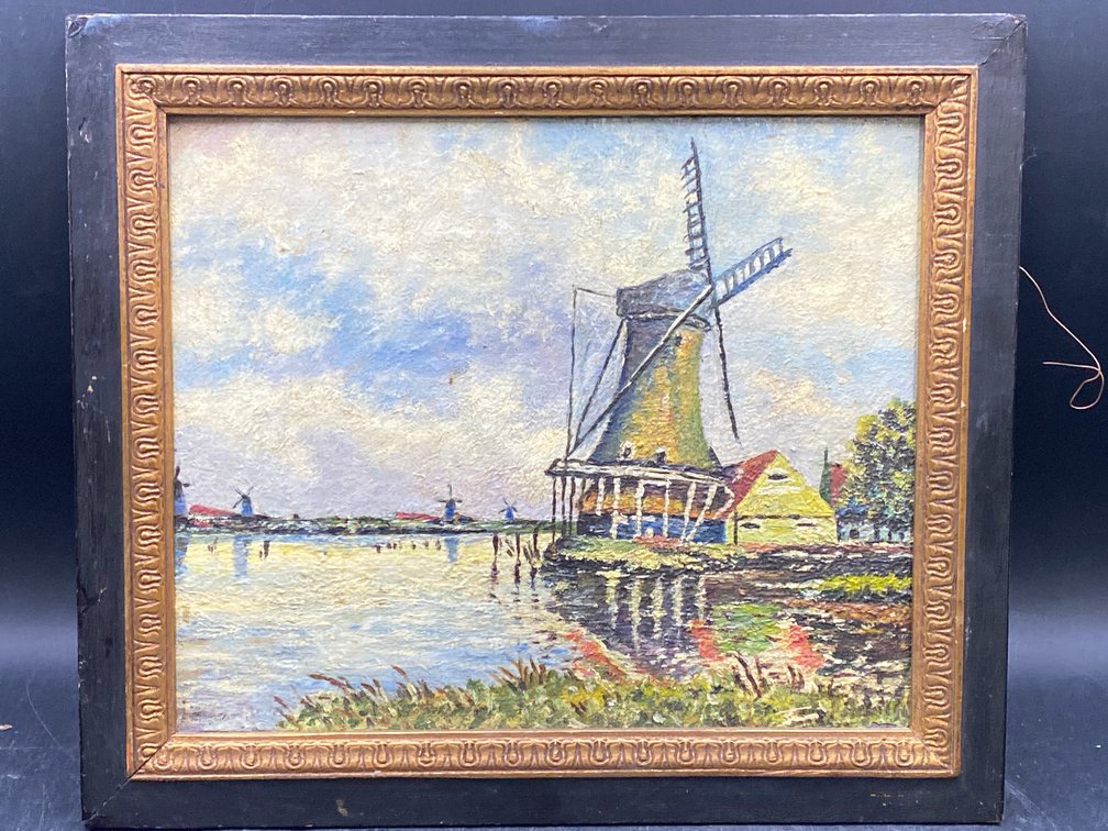 Gilt Framed Riverside Windmills Painting