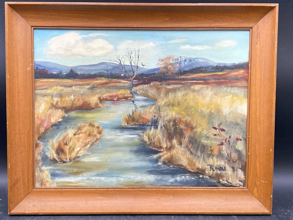 Framed Autumn River Pastoral Landscape Painting