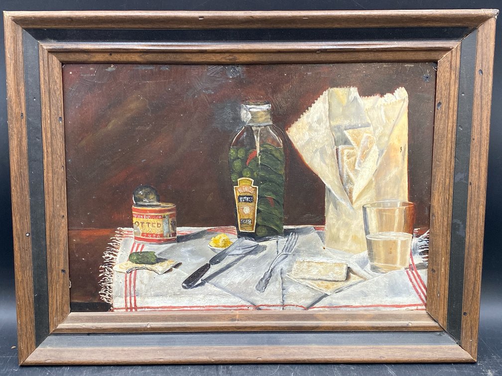 Framed Still Life Tabletop Items Painting