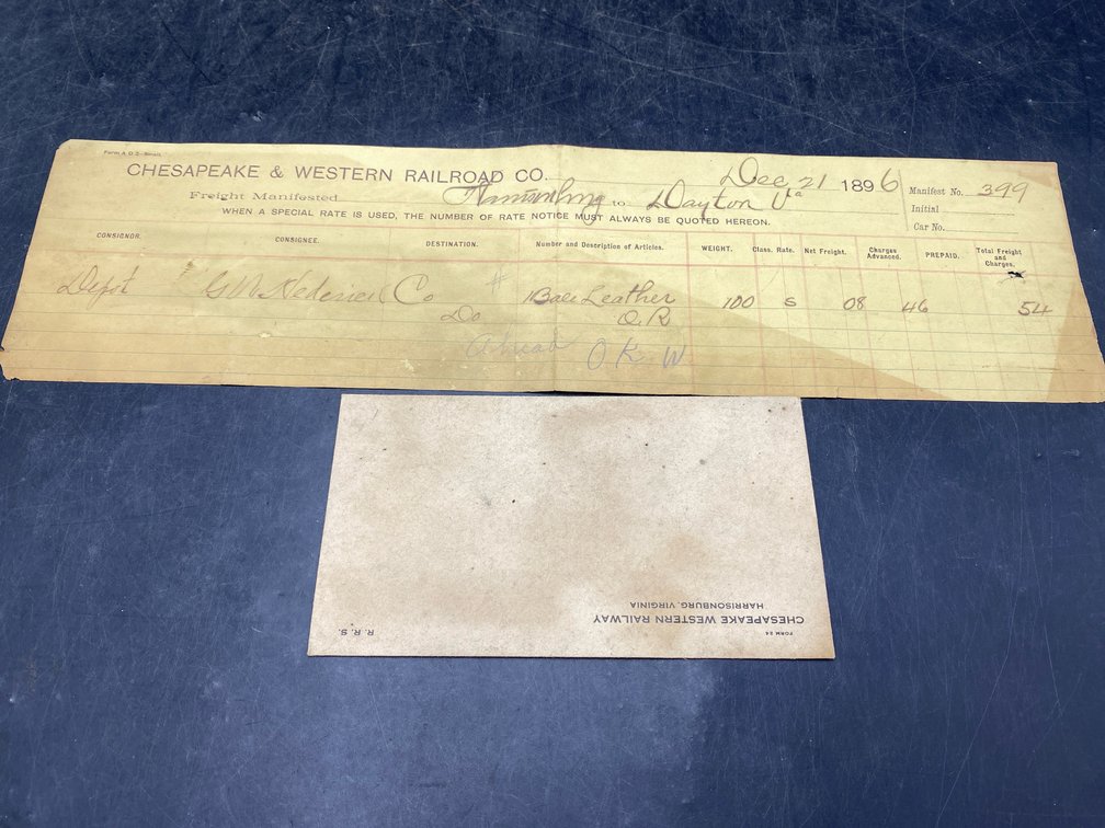 1896 Chesapeake & Western Railroad Co. Freight Manifest / Way Bill