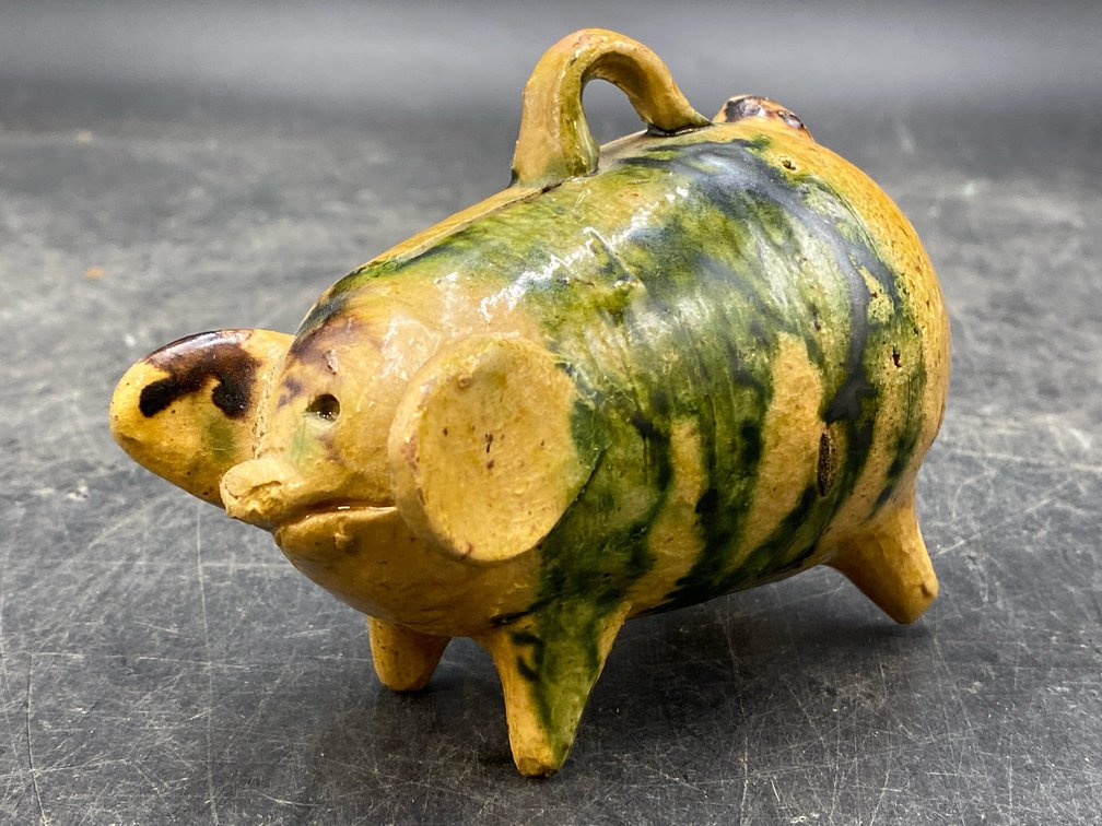 Vintage Glazed Redware Ceramic Piggy Bank